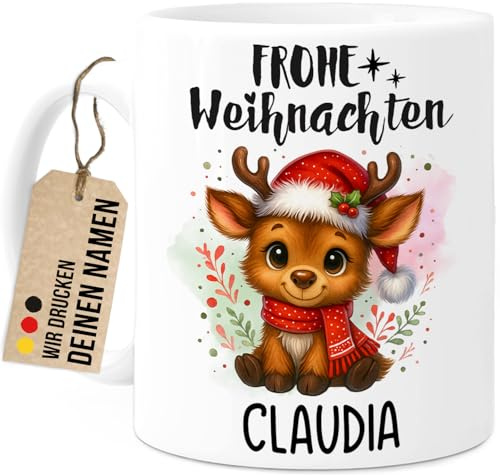 Tassenliebling® Rentier Tasse personalisiert - Kindertasse mit Namen - Frohe Weihnachten - Weihnachtstasse - Personalisierte Geschenke Kinder - Kinderbecher aus Keramik 330ml
