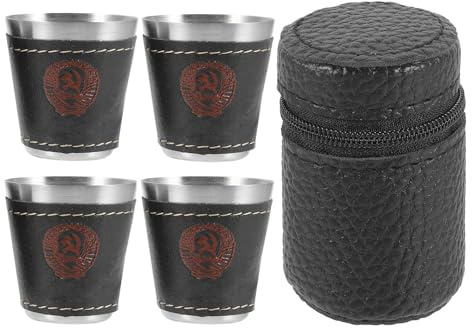 ifundom Tasse en Acier Inoxydable 30 Ml pour Spiritueux, Lot de 4 Set de Étui en Cuir, Gobelet Métallique Portable pour Camping, Randonnée et Pique-niques