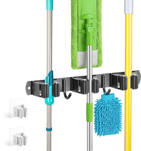 CJSME® Colgador Escobas y Fregonas | Soporte Escobas Pared Negros + 2 colgadores Extras Blancos