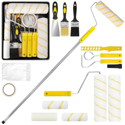 18-Teiliges Malerset, Farbroller Set mit 1.2m Teleskopstange, 23cm & 10cm Woll Schaumstoffrollen Lackierwalze, Lackrolle, Farbroller Wandfarbe, für Malerarbeiten, Wand Decken