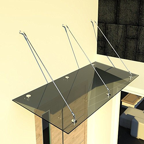 Glasvordach Vordach aus 13,14 mm starkem Verbundsicherheitsglas (VSG) mit hochwertigen V2A Edelstahlbeschlägen ALLE GROESSEN (Getönt 200cm x 90cm mit 3 Haltestangen)