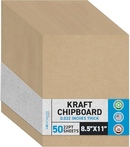 MagicWater Chipboard Sheet - 8.5x11 inch - 22 pt - 0.022 Thick - 50 Pack | For DIY Projects, Heavy Duty Kraft, Paperboard for Scrapbooking, Books, Picture Frame Backing, Art Projects & Crafts