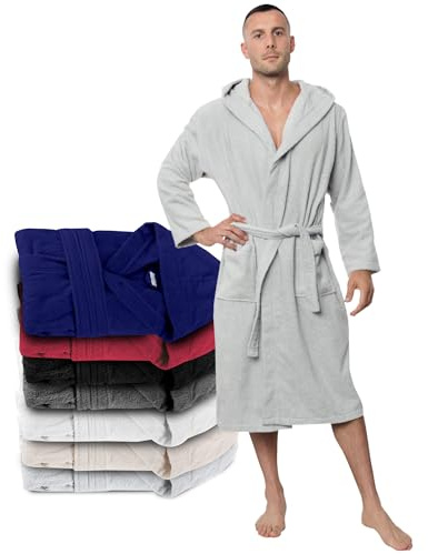 Twinzen Accappatoio per Uomo con Cappuccio in Spugna, XXL, Grigio, 2 Tasche, Cintura Cotone Senza Prodotto Chimico, Oeko Tex - Vestaglia per Uscire dalla Doccia, Assorbente e Confortevole