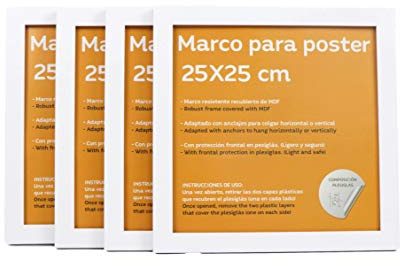 Nacnic - Pack 4 Marcos de Madera MDF Blanco y Vidrio Acrílico | Protección y Expositor de Fotografías, Láminas, Pósters, Cuadros y Decoración para Salón, Dormitorio u Oficina | 25x25 cm