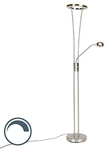 Qazqa led Modern Deckenfluter mit Lesearm, Stehleuchte, Stehlampe - Divine - Silber Farbe, inkl. 4.5W integrierter LED, 2700K, warmweiß, dimmbar, 2-flammig, 180cm, Ideal als Schlafzimmerlampe