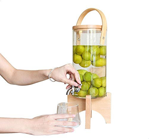 Aprilhp Dispensador de Bebidas Frías de Agua y Jugo, Mason Jar, Jarra de Agua Cristal con Tapa y Soporte de Madera, Ideal para Fiestas, Buffet y Oficina, 2.8L/6.6L 2.8L