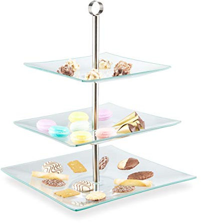 Relaxdays Soporte Tartas 3 Pisos, Cuadrado, Bandeja Cupcakes, Plato Galletas, Frutero, 40x30x30, Transparente y Plateado