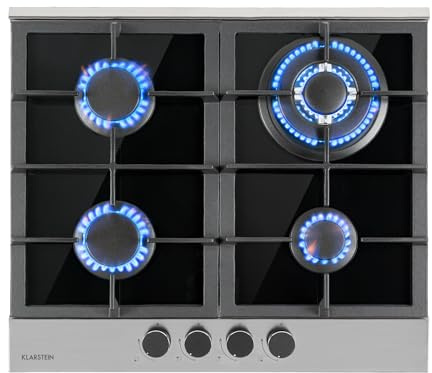 Klarstein Piano Cottura 4 Fuochi Gas, Piano Cottura a Gas Integrato 8.0kW, 4 Fuochi Incasso in Acciao Inox, 4 con Coperchio, a 4