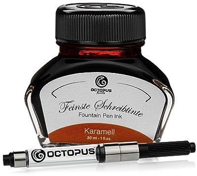 Octopus Fluids Füllhaltertinte Karamell, mit Tinten-Konverter, 30 ml | Mit Tinten-Konverter für Füllhalter mit Standardpatronensystem, farbintensive Schreibtinte mit schönem Shading