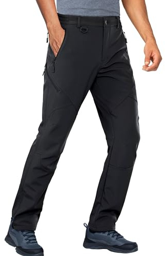 Stlight Mens Snow Ski Water Repellent Softshell Pants for Winter Hiking Fleece Lined Bottom Leg Zipper with 6 Zip Pockets(Black 32W/30L)