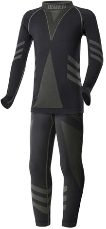 Ladeheid Skiunterwäsche Kinder Funktionsunterwäsche Set Langarm Shirt Lange Unterhose Thermoaktiv LAGI009 (Schwarz/Khaki, 146-152)