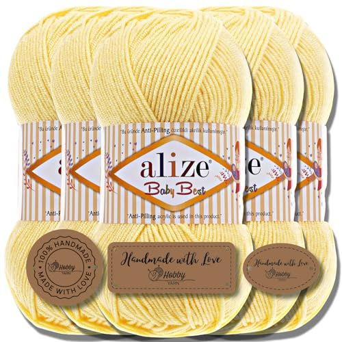 Hobby YARN 3x Etikettenlabel mit Alize Baby Best Wolle Premium 5x100g als Set | Antipilling Babywolle Acryl Uni & Batik Strickgarn zum Häkeln und Stricken (Amarillo claro | 250)