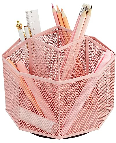Annova Organiseur de bureau rotatif en maille avec 5 compartiments pour bonbons/stylos pour bureau, fournitures artistiques, rangement, salle de classe, maison (Light Pink)