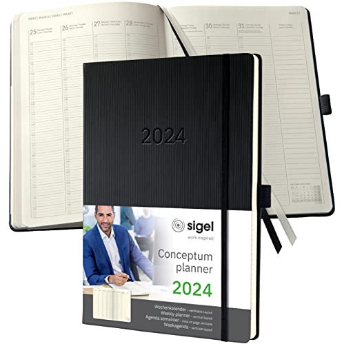SIGEL C2418 Planungsbuch Terminplaner Wochenkalender 2024, extra groß, A4+, 1 Woche = 2 Seiten, 1 Spalte pro Tag, schwarz, Hardcover, 192 Seiten, Stiftschlaufe, Archivtasche, Conceptum