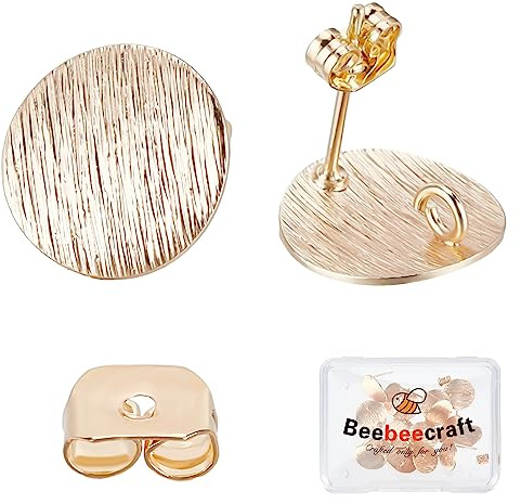 Beebeecraft 1 boîte 20pcs Rond Plat Doré avec Boucles Oreilles Texturées clous Oreilles en Plaqué Or 18K avec Écrous Oreille et Boucle 2mm Petit Trou pour Fabrication de Bijoux
