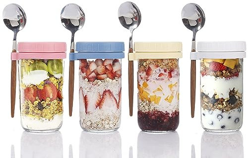 TempFoo Overnight Oats Jar Container set 4, 600ml Glass Mason Jars with Lids and Spoon, Cereal Milk Vegetable Fruit Salad Jam Protein porridge Clear Storage Containers, Breakfast Pots with Lid