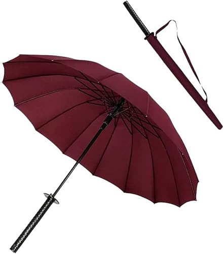 ysrpoud Neue Samurai Schwert Griff Regenschirm Ninja Katana Japanische Lange Regenschirm 16 Knochen Sonne & Regen Regenschirm Winddicht Wasserdicht Für Männer Frauen, rot, L