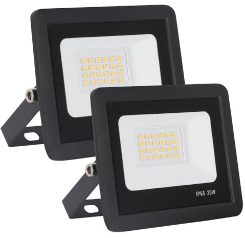FUPE Faretto a LED per esterni, 20 W, IP65, impermeabile, 24 LED, 2000 lm, 6500 K, bianco freddo, ideale per giardino, cortili, 2 pezzi