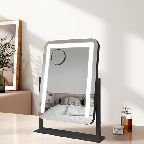 EMKE Hollywood Makeup Mirror with Lights, 35 x 46 cm Small Lighted Vanity Mirror with 360°Rotation 3 Color Lighting Modes, 7X Magnifying Hollywood Mirror with Dimmable Strip Light, Black