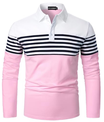 UUAISSO Långärmad polotröja för män med ränder kontrastfärg skjorta smal passform bomullsgolfpikétröjor, Vit+rosa, XXL