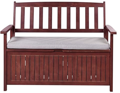 Beliani Gartenbank Akazienholz mahagonibraun mit Stauraum Auflage grau 120cm Sovana