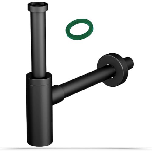 Schläfer 3439430 | Sifón de ABS 1 1/4 minimalista, sifón redondo para lavabo y bidé, desagüe lavabo universal, sifón de plástico antiolor, negro mate, tubo desagüe pared Ø 32 mm.