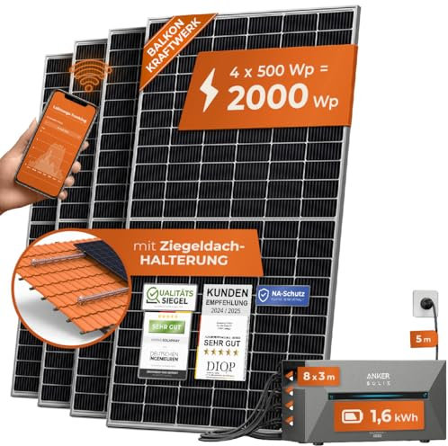 Solarway® All In One Balkonkraftwerk mit Speicher 2000W komplett Steckdose - 1,6 kWh Anker Solix 2 PRO Speicher - Solaranlage Komplettset - 500W Solarmodule & Anker Speicher & Zubehör