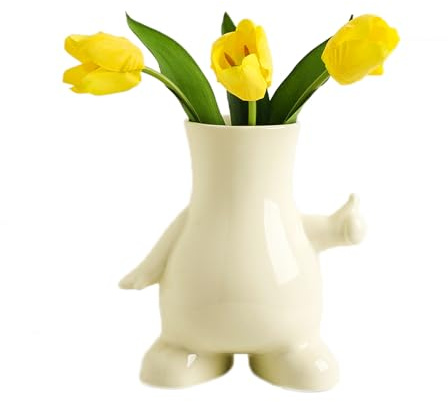Jarrón de Cerámica Blanco Crema, Jarron Cuerpo, Florero Pequeño Divertido Reutilizable Moderno de la Decoración para Dormitorio Sala de Estar Escritorio 20x18cm (Pulgar hacia Arriba)