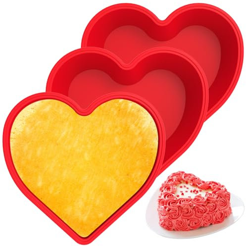 HAIJED 3 Pcs Heart Shaped Silicone Love Cake Molds, 10 Inch Non-Stick Quick Release Baking Tray, Heat Resistant for Chiffon & Cheesecake