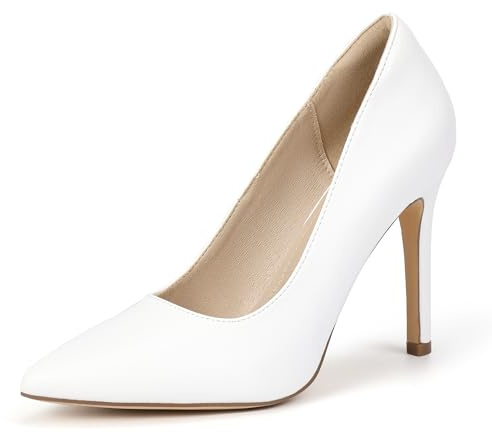 IDIFU White Heels for Women High Heels Pumps Closed Toe Stiletto Pointed Toe Dress Shoes Wedding Prom Bridal Daily Work Office Business Trendy Fashion Sexy Comfortable Dressy Shoes(White Pu 8 M US)