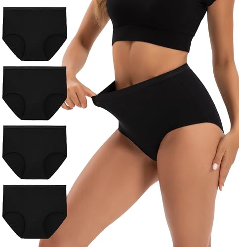 INNERSY Black Knickers High Waist Pants for Women Cotton Ladies Briefs Full Coverage Panties 4 Pack (16, Black)