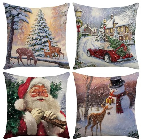 4 Stück Kissenbezug Weihnachten, 45x45cm Kissenbezüge aus Leinen Winter Zierkissenbezug Weihnachtsdeko Weihnachtskissenbezug Weihnachten Dekokissen, Kissenhülle für Sofa Schlafzimmer (E, 45x45cm)