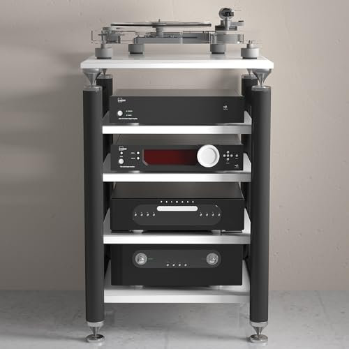 AV-Medienständer,Audio Rack Hifi Regal HiFi,Verstärker-Rack-Regal/Audio-Video-Regal,für Verstärker/Plattenspieler/Stereo-Receiver,Beweglicher Audio-Rack-Tower-Player-Ständer(White and black,62x57x100c
