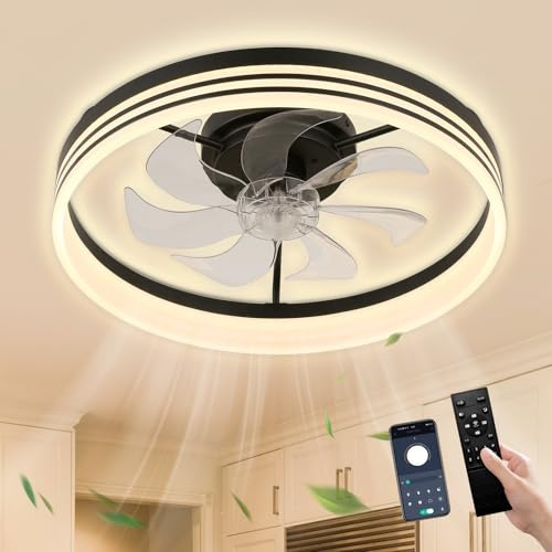 Cainjiazh Modern Ceiling Fan With Dimmable Lights - Low Profile Fandelier Flush Mount Bladeless Chandelier for Bedroom, Kitchen and Living Room (50cm Black)