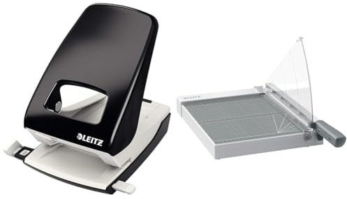 Leitz Set Starker Büro Locher + Precision Home Hebelschneider A4, Großer Locher für 40 Blatt, Papierschneidemaschine mit 305 mm Schnittlänge für bis zu 8 Blatt, 51380095 + 90180000