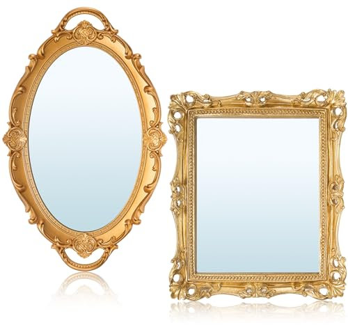 Beeveer 2-teiliges Vintage-Spiegel-Set mit goldfarbenem Spiegel, 39,1 x 24,1 cm, oval, antiker dekorativer Spiegel, 29 x 23,9 cm, antiker rechteckiger goldener Spiegel, Tischspiegel, Make-up-Spiegel
