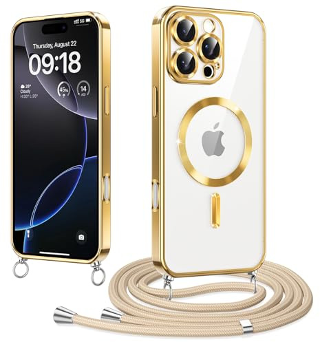 Woijrly Magnetische Handyband mit Band für iPhone 16 Pro Hülle, [Kompatibel mit Magsafe] Handyhülle Case mit justierbarer Schnur Abnehmbar Strap, Crossbody Schutzhülle zum Umhängen Kordel, Gold