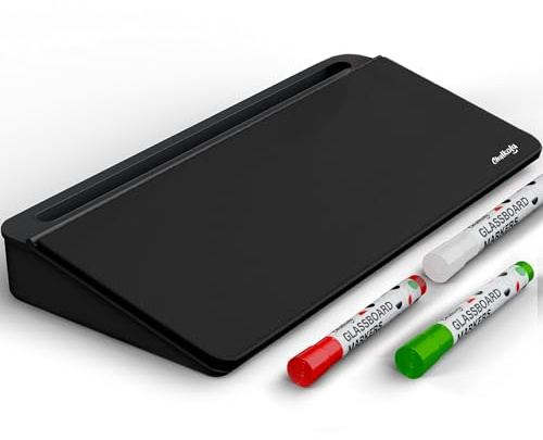 Chalkola Black Glass Desktop Whiteboard with Storage - Desk Organizer Buddy | Dry Erase Board, Work Desk Organizers, Computer Keyboard Stand, Home Office Accessories, Workspace Desktop Buddy + 3 Markers