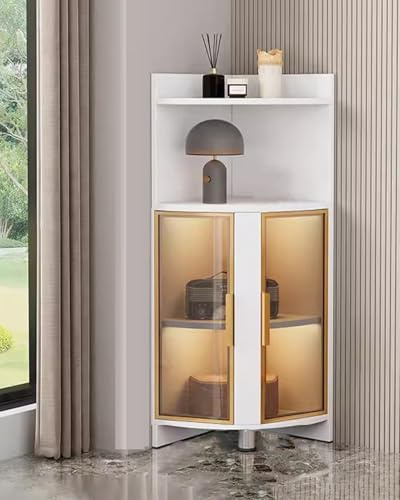 Vitrina de cristal independiente con luces para dormitorio, oficina, estantería de esquina moderna, estante de 120 cm de altura, combinación de colores blanco y dorado