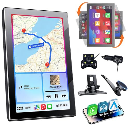 7JI 7 Tragbares Display für Apple Carplay Display, Android Auto | Drehbarer Bildschirm mit Rückfahrkamera, Mirror Link, OTA-Updates, Bluetooth Sprachsteuerung, für Pkw, Wohnmobile, Lkw