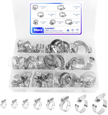 60Pcs Assorted Sizes Hose Clamps Kit, 304 Stainless Steel Adjustable 6-38mm Range Worm Gear Hose Clamp Perfect for Plumbing, Automotive and Mechanical Applications