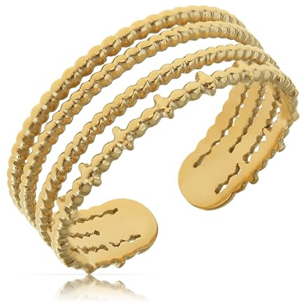 Made by Nami Breiter Goldener Boho Edelstahl Ring mit Fächer Muster Geschenk Damen Schmuck Größenverstellbar & Wasserfest