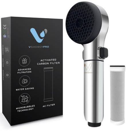 Vshower Pro Pomme de douche avec filtre - Technologie microbulle - Tête de douche filtrée - Économie d'eau - Filtre le calcaire et le chlore - Adoucit l'eau - Pour peaux sensibles - Chrome