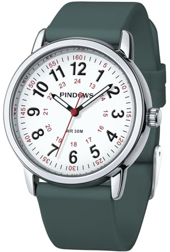 PINDOWS Armbanduhr für Damen, gut lesbare Analoguhr mit Leuchtzifferblatt | Für Pflegekräfte: 12/24-Stunden-Skala, roter Sekundenzeiger, 3 ATM, Schnellwechsel-Silikonarmband, 38-mm-Gehäuse