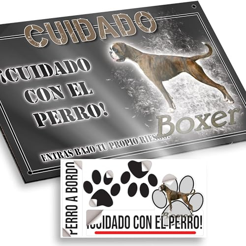 Cachorro de Boxer Cartel Cuidado con el Perro 20x12,5cm - Diseño Antracita en Dibond con Pegatina Coche 20x5cm - En Español