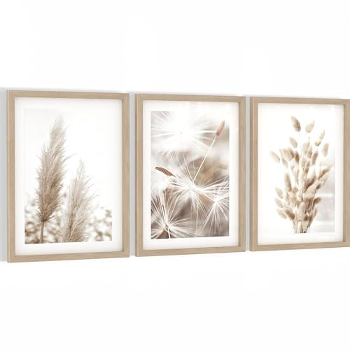 Novart Wandbilder Boho Pampasgras - mit Rahmen - Wohnzimmer Schlafzimmer Wanddeko - 3 Bilder Set Beige - N108935aR1