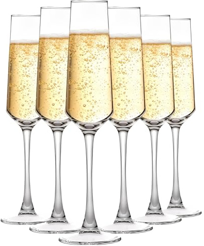 MYKAGS Lot de 6 flûtes à champagne élégantes en verre transparent de 200 ml, parfaites pour les mariages, les anniversaires et Noël, élégantes et durables pour les célébrations