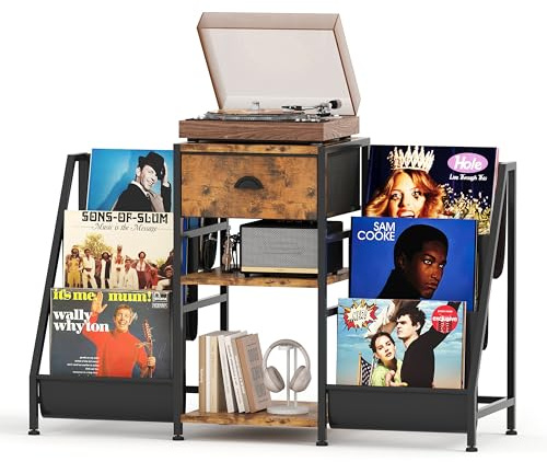 CAIYUN Vinyl Record Player Stand with 3-Tier Storage, Turntable Table for Living Room, Holds Up to 280 Albums, CD Rack with Fabric Drawer, Retro Media Console, Rustic Brown Display Shelf