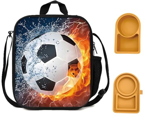 Borsa per il pranzo da calcio per ragazzi e ragazze, isolata per bambini, con contenitore per snack, contenitore frigo riutilizzabile per scuola, picnic, viaggi ed escursioni, 26 x 21,5 x 3 cm