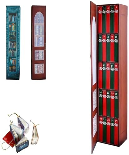 Mini Bookss Ornament Advent Calendar 2025, Books Lovers Gifts Advent Calendar with 24 Book Gift, Christmas Books Countdown Calendar for Book Lovers, Small Bookshelf (Red)